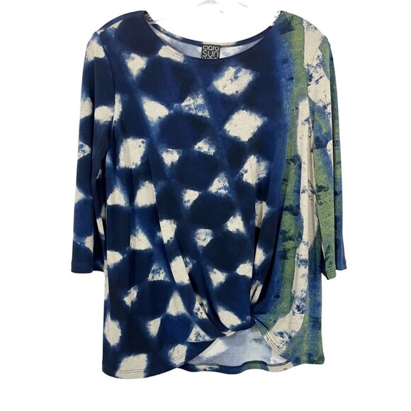 Clara Sun Woo Navy Printed Twist Front Top Blouse Made in USA - Size XS - Picture 1 of 8